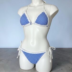 Blue Gingham Ruffle Tie-Side Bikini Set - Women Swim